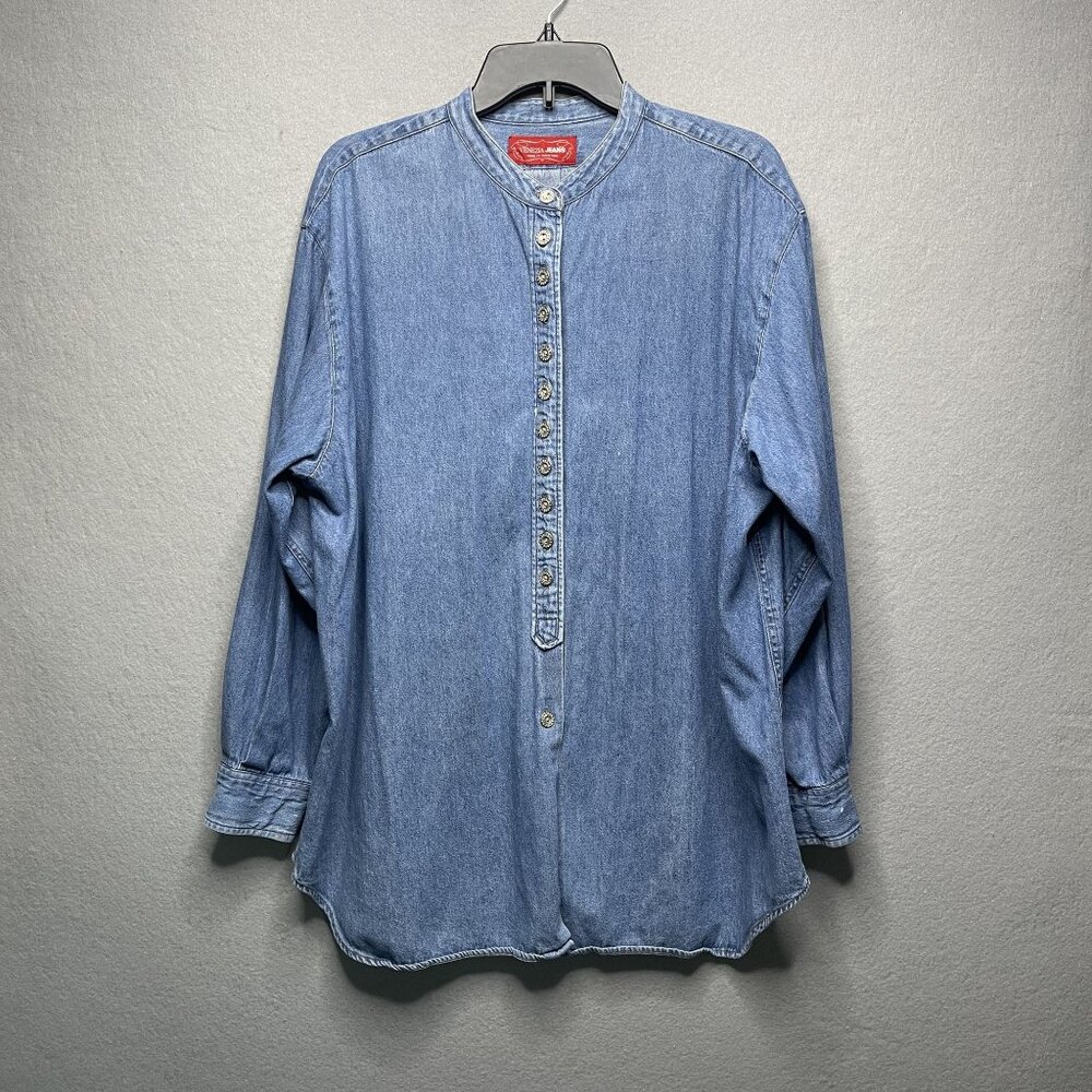 Vintage Venezia Denim Shirt L Blue Band Collar Silver Buttons Relaxed Fit